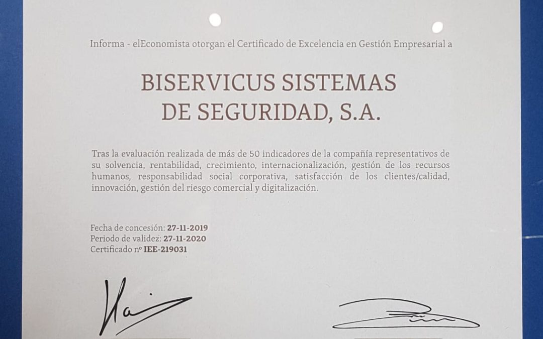 Biservicus reconocido con el certificado en Excelencia en Gestion Empresarial